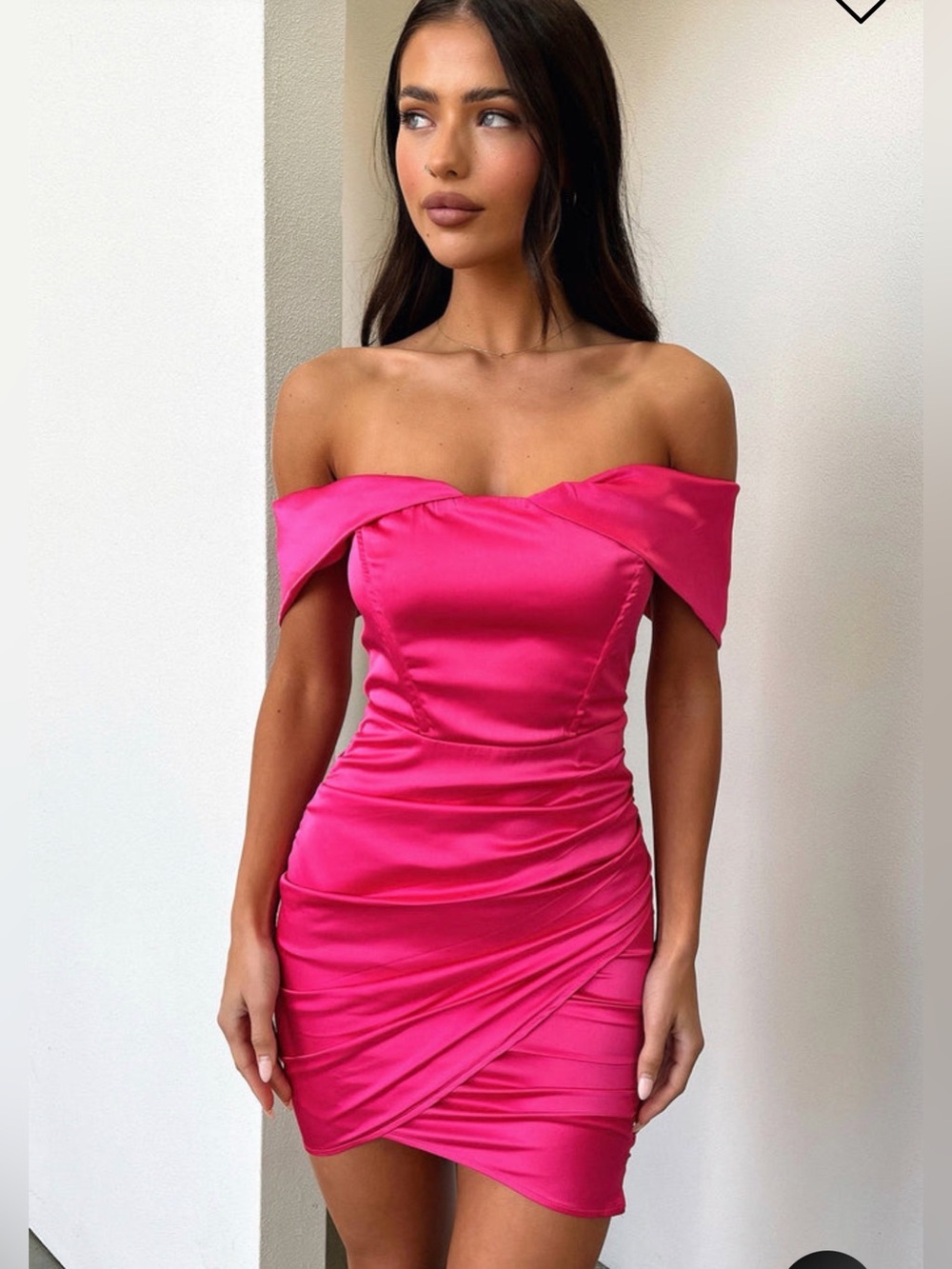 Satin Off-Shoulder Hot Pink Mini Dress - Small